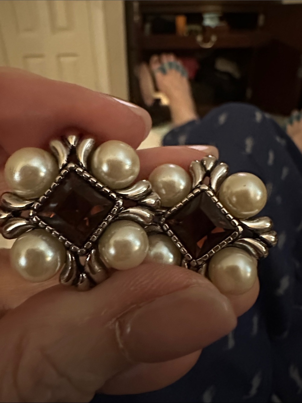 Pearl and Smoky Crystal Clip-On Earrings - Silver Tone